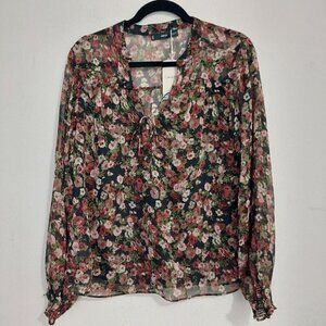 Mango Womens Black Brown Floral Multicolored Floral Print Sheer Long Sleeve Sz 6